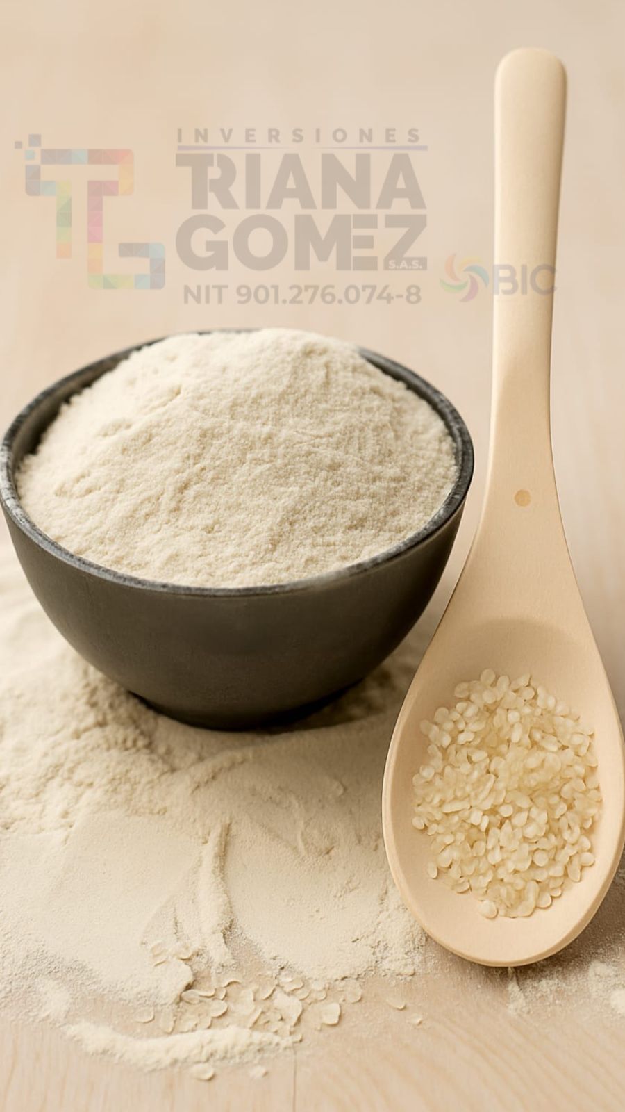 Harina de arroz (Panadería, repostería, pastas, masas, rebozados, productos fritos, sopas instantáneas, alimentos infantiles, cereales, barras energéticas, condimentos, salsas, espesantes, vehículos y premezclas.
